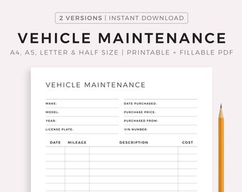 Vehicle Maintenance Log Book, Vehicle Service Tracker, Vehicle Repairs, Vehicle Expense Tracker, A4/A5/Letter/Half, Instant Download PDF