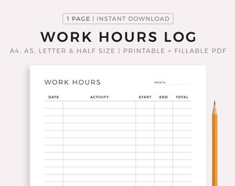 Working Hours Log Printable, Work Time Tracker, Activity Tracker, Time Spent, Task Tracker, A4/A5/Letter/Half, Instant Download PDF