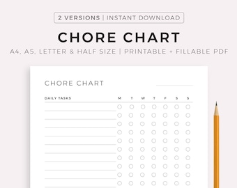 Chore Chart for Kids and Adults, Responsibilities Chart, To Do List Template, A4/A5/Letter/Half, Instant Download PDF