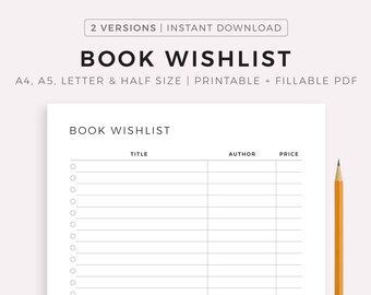 Book Wishlist Printable Template, Book Shopping Wishlist, Gift for Me, Book Lover Wishlist, A4/A5/Letter/Half Size, Instant Download PDF