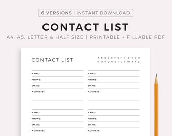 Printable Contacts List, Contact Organizer, Address Book, Contact Information, Planner Inserts, A4/A5/Letter/Half Size, Instant Download PDF