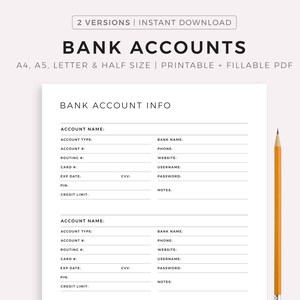 Bank Accounts Tracker Printable Template, Bank Account List, Bank ...