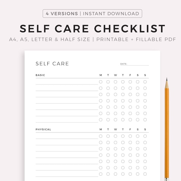 Self Care Checklist Printable Template, Self Care Routine Plan, Daily Wellbeing, Wellness Planner, A4/A5/Letter/Half Size, Instant Download
