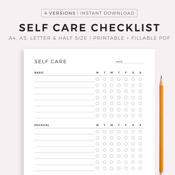 Self Care Checklist Printable Template, Self Care Routine Plan, Daily Wellbeing, Wellness Planner, A4/A5/Letter/Half Size, Instant Download