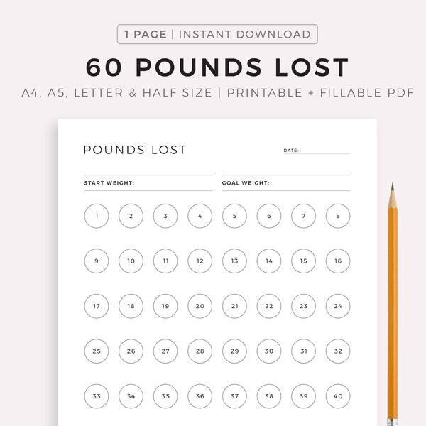 60 Pounds Lost Weight Tracker Printable, Weight Loss Tracker, Weight Loss Journal, Weight Goal, A4/A5/Letter/Half, Instant Download PDF