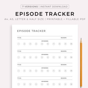Rastreador de episódios de TV para impressão, rastreamento de séries, registro de exibição, diário de televisão, A4/A5/Carta/Meio, download instantâneo de PDF