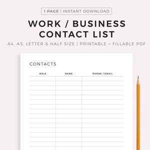 Work / Business Contact List Printable Template, A4/A5/Letter/Half Size, Instant Download PDF