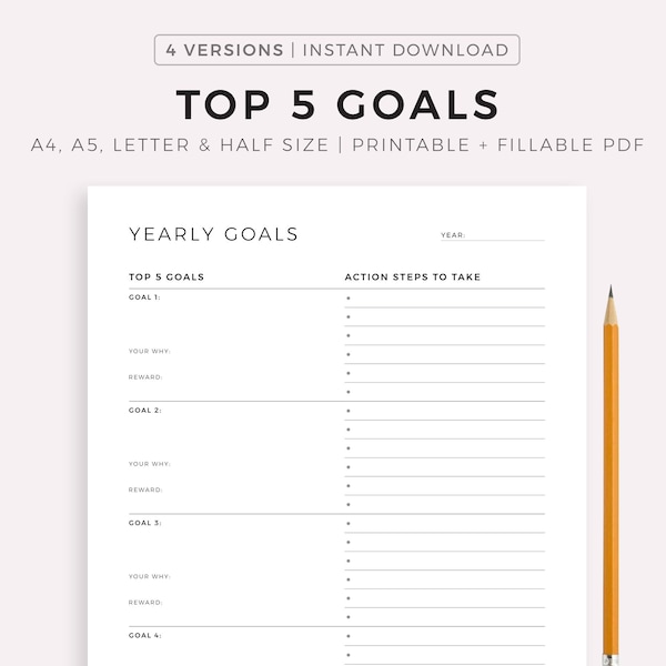 Top 5 Goals - Yearly Goals, Quarterly Goals, Monthly Goals, Weekly Goals, A4/A5/Letter/Half Size, Printable & Fillable PDF, Instant Download