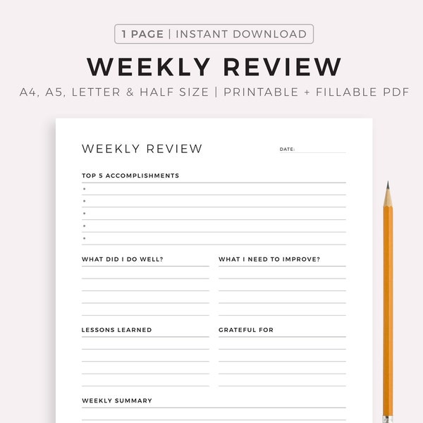 Weekly Review, Weekly Reflection, Weekly Evaluation, Weekly Summary, Printable Insert Template, A4/A5/Letter/Half, Instant Download PDF