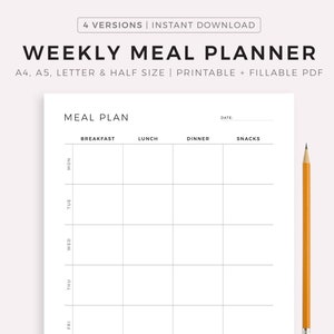 Imprimable planification de repas hebdomadaire, agenda de menus 7 jours, planificateur de préparation de repas, planificateur de nourriture, santé et forme physique, A4/A5/Lettre/demi-format