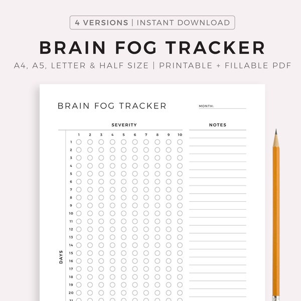 Monthly Brain Fog Tracker Printable Template, Track Daily Brain Fog, Health Tracker, A4/A5/Letter/Half, Instant Download