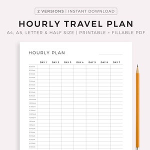 Planejador de viagens por hora, cronograma de viagens, planejador de férias, planejamento de viagens, tamanho A4/A5/carta/meio tamanho, download instantâneo de PDF
