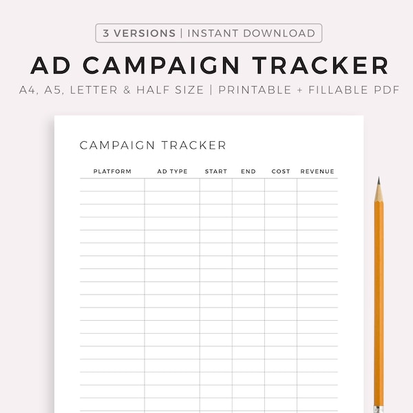 Ad Campaign Tracker Printable, Advertising Tracker Log, Advertising Expense & Profit Tracker, A4/A5/Letter/Half, Instant Download PDF