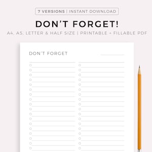 Não se esqueça de fazer a lista - Família e trabalho, casamento, limpeza, eventos, mudança, viagem, etc... A4/A5/carta/meio, download instantâneo