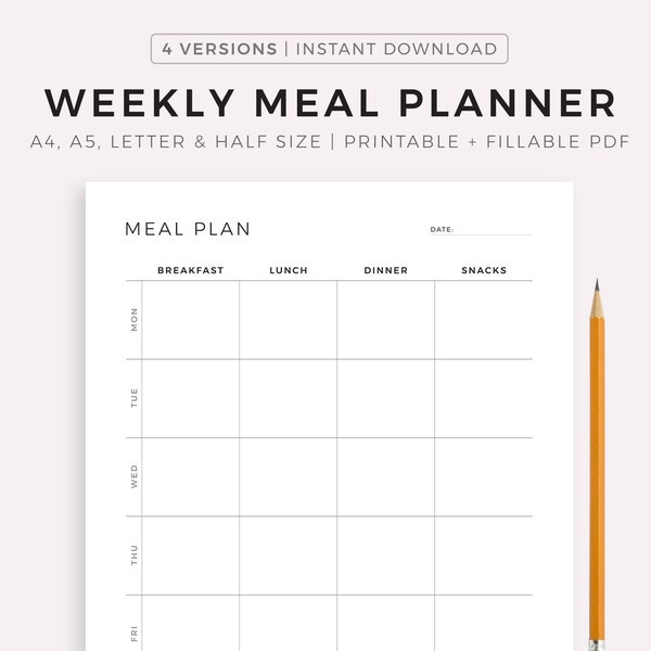 Weekly Meal Planning Printable, 7 Day Menu Planner, Meal Prep Planner, Food Planner, Health & Fitness, A4/A5/Letter/Half Size
