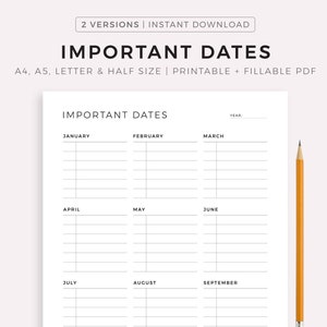 Fechas importantes del año imprimibles: cumpleaños, aniversarios, viajes, fiestas, citas médicas, mantenimiento del coche, etc., en formato A4/A5/Carta/Media página.