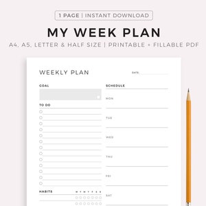 Weekly Planner Printable, Weekly Goal Planner, Weekly To Do List, Weekly Habit Tracker, Weekly Agenda & Organizer, A4/A5/Letter/Half Letter