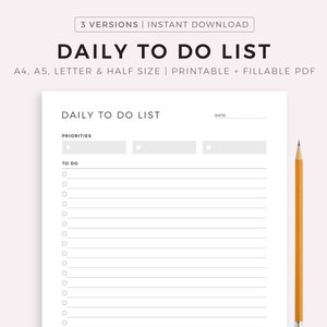 Plantilla imprimible de lista de tareas diarias, lista de tareas diarias, planificador diario minimalista, tamaño A4/A5/carta/media página, descarga instantánea en PDF.