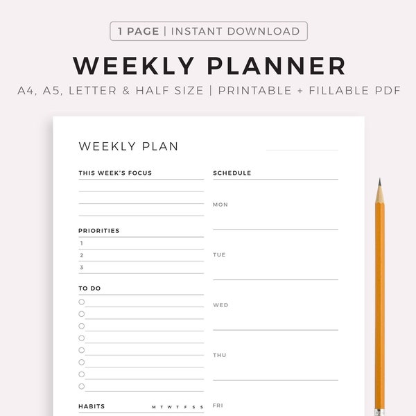 Weekly Planner Printable A5, A4, Letter, Half Size, Weekly Schedule, Weekly To Do List, Undated Weekly Planner Pages, Weekly Inserts