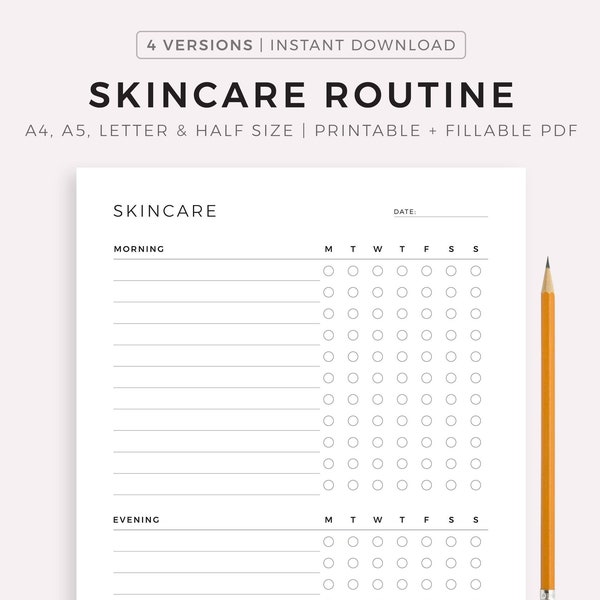 Planificateur de routine de soins de la peau imprimable, planificateur de beauté, planificateur de soins personnels quotidien, A4 / A5 / Lettre / demi-taille, téléchargement instantané