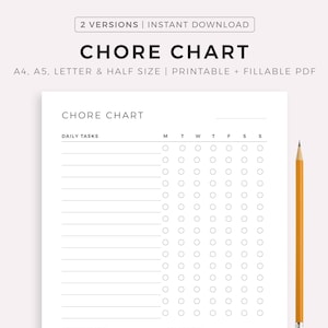 Takenschema voor kinderen en volwassenen, verantwoordelijkhedentabel, takenlijstsjabloon, A4/A5/Letter/Half, Instant Download PDF