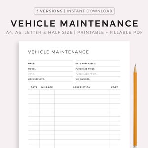 Vehicle Maintenance Log Book, Vehicle Service Tracker, Vehicle Repairs, Vehicle Expense Tracker, A4/A5/Letter/Half, Instant Download PDF