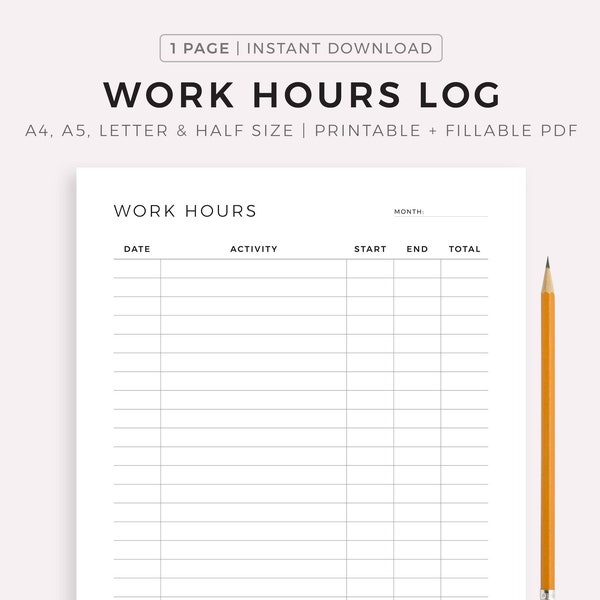 Journal des heures de travail imprimable, suivi du temps de travail, suivi d'activité, temps passé, suivi des tâches, A4/A5/Letter/Half, Téléchargement instantané PDF