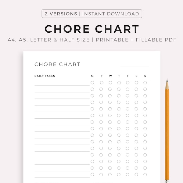 Chore Chart for Kids and Adults, Responsibilities Chart, To Do List Template, A4/A5/Letter/Half, Instant Download PDF