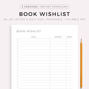 Book Wishlist Printable Template, Book Shopping Wishlist, Gift for Me, Book Lover Wishlist, A4/A5/Letter/Half Size, Instant Download PDF