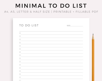 Minimal To Do List Printable, Simple Tasks List Template, A4/A5/Letter/Half, Printable & Fillable PDF