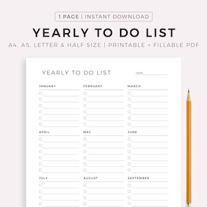 Yearly To Do List, Yearly Tasks, Yearly Planner, Annual Planner, Minimalist Planner, A4/A5/Letter/Half, Printable & Fillable, PDF Download
