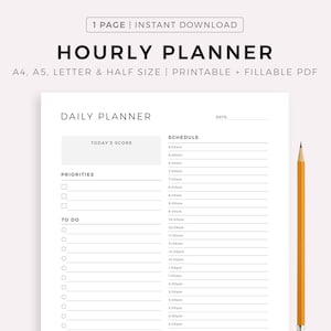 Printable Hourly Planner, Daily Planner, Daily To Do List, Day Planner PDF, Instand Download, A5/A4/Letter/Half Letter