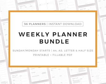 May include: A collection of 56 printable weekly planner templates in various sizes, including A4, A5, Letter, and Half Size. The templates are designed for both Sunday and Monday start weeks and are fillable PDFs.