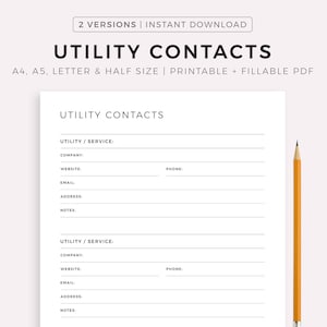 Printable Utility Contacts Template, Service Provider Contact List, Utility Information Organizer, A4/A5/Letter/Half, Instant Download PDF
