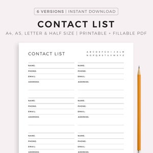 Elenco contatti stampabile, rubrica, informazioni di contatto, organizzatore di contatti, inserti per planner, formato A4/A5/Lettera/mezzo formato, PDF scaricabile immediatamente