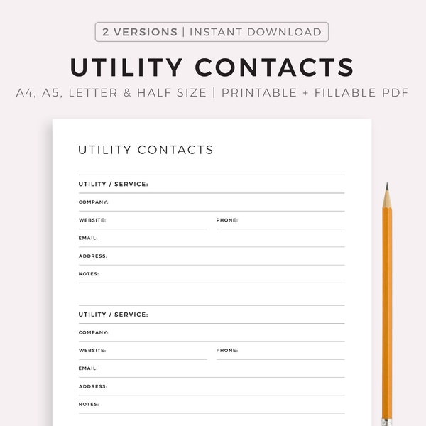 Utility Contacts Printable Template for Home / Business, Service Provider Contact List, Utility Information Organizer, Instant Download PDF