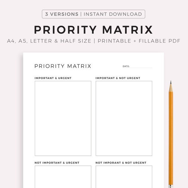 Priority Matrix Printable, Decision Matrix, Eisenhower Matrix, My Priorities Planner, A4/A5/Letter/Half, Instant Download PDF