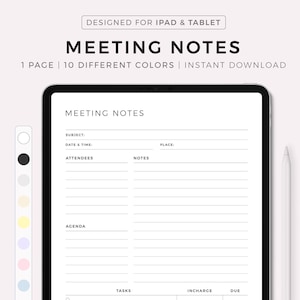 Puede incluir: Una plantilla de planificador digital para iPad y tabletas. La plantilla está diseñada para tomar notas de reuniones e incluye secciones para el tema, la fecha y la hora, los asistentes, la agenda, las notas, las tareas, el responsable y la fecha de vencimiento. La plantilla está disponible en 10 colores diferentes.