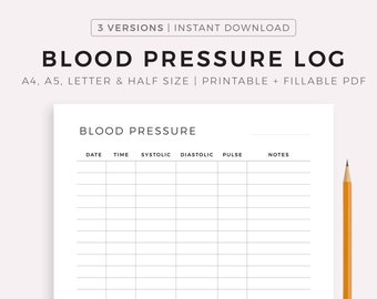 Blood Pressure Log Printable Template, Daily Blood Pressure Tracking, Blood Pressure Chart, Medical Tracker, A4/A5/Letter/Half Size