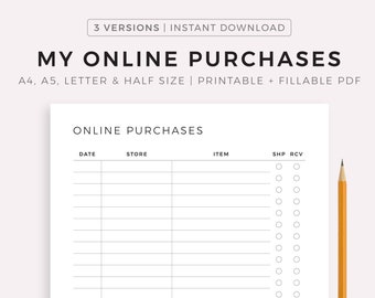 Suivi des achats en ligne imprimable, modèle de suivi des commandes, liste de courses, articles à acheter, A4 / A5 / Lettre / demi-taille, téléchargement instantané PDF
