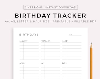 Birthday Tracker Printable Template, Birthday Calendar, Birthday Reminder, Birthday Planner, A4/A5/Letter/Half Size, Instant Download PDF