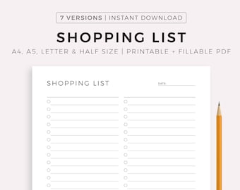 Plantilla de lista de compras imprimible, lista de compras, lista de verificación de artículos, plan de compras, tamaño A4 / A5 / carta / media, PDF de descarga instantánea