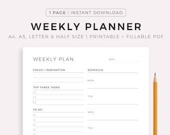 Weekly Planner Printable PDF, Weekly Schedule, Weekly To Do List, Undated Weekly Planner Pages, Instant Download, A4/A5/Letter/Half Letter