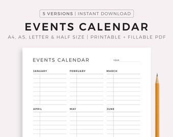 Entertainment Events Calendar - Sport Events, Concerts, Movie Premiers, Parties, Travel and Vacation, A4/A5/Letter/Half, Instant Download