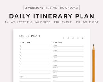 Daily Itinerary Planner, Vacation Day Planner, Travel Schedule, Daily Trip Itinerary, Travel Planning, A4/A5/Letter/Half, Instant Download