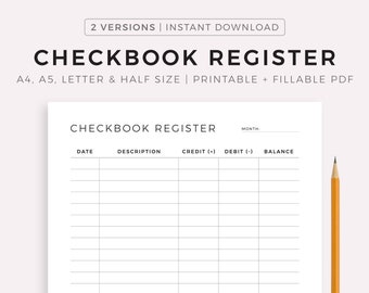 Checbook Register Printable, Check Transaction Tracker, Checkbook Log, A4/A5/Letter/Half, Instant Download PDF