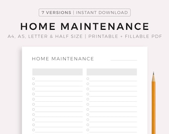 Home Maintenance Checklist, House Repairs, Cleaning, Chore List, Household Management, A4/A5/Letter/Half Size, Instant Download PDF