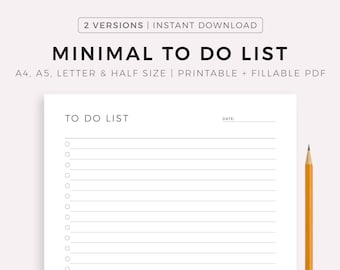 Liste de tâches minimale imprimable, modèle de liste de tâches simples, planificateur de productivité, A4 / A5 / lettre / moitié, PDF imprimable et remplissable