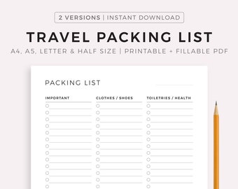 Printable Travel Packing List - Travel Documents, Electronics, Clothes and Shoes, Accessories, Toiletries / Health, ect..