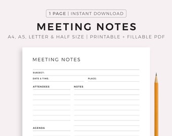 Plantilla de notas de reunión imprimible, Acta de reunión, Agenda de reunión, Toma de notas comerciales, A4/A5/Carta/Medio, Descarga instantánea de PDF